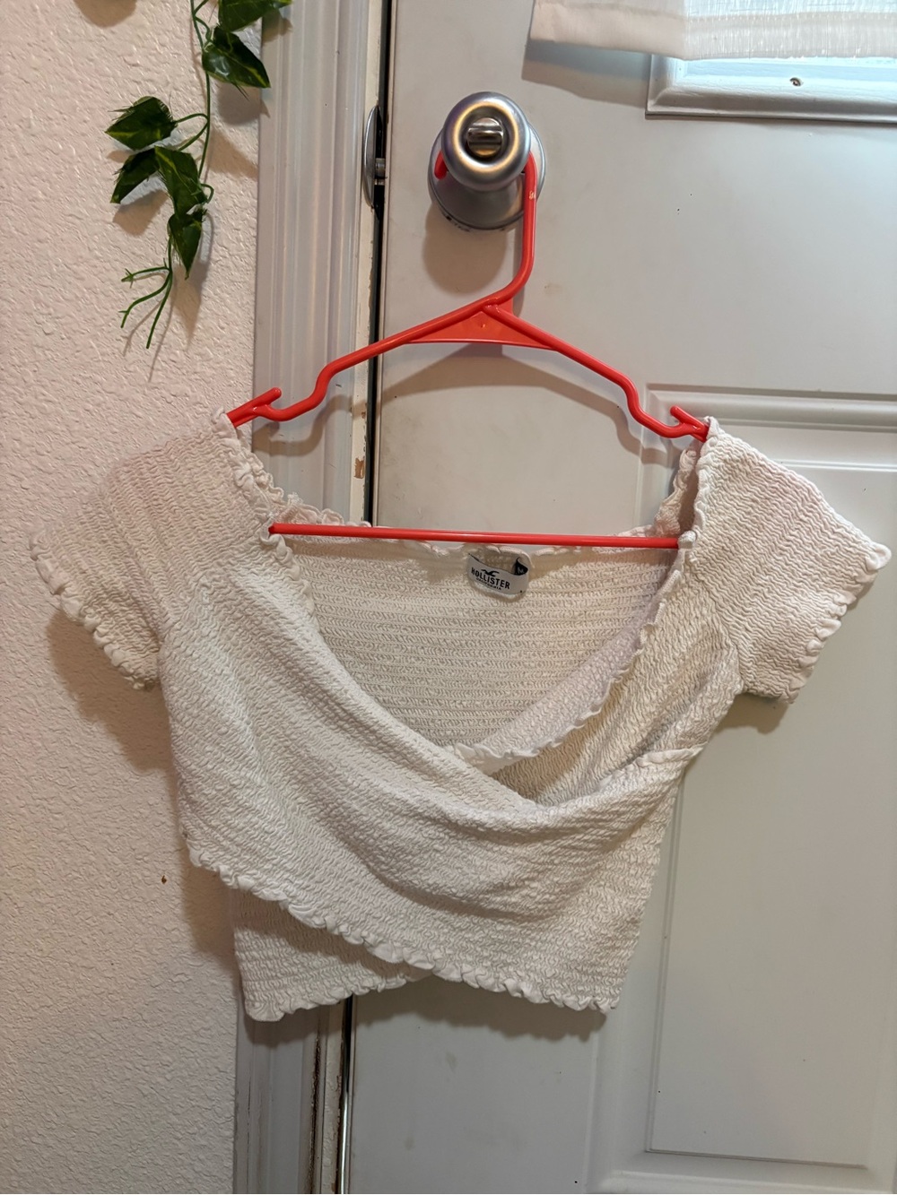 Hollister Cream Smocked Wrap Crop Top with Ruffle Trim